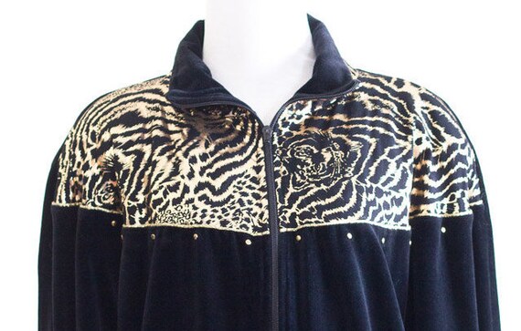1990s Black Velour Jacket with Gold Animal Print … - image 9