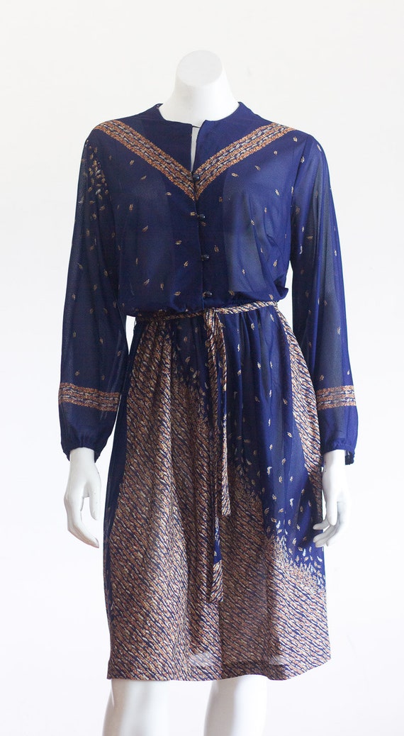 Vintage 1970s Dark Blue Belted Dress - image 6