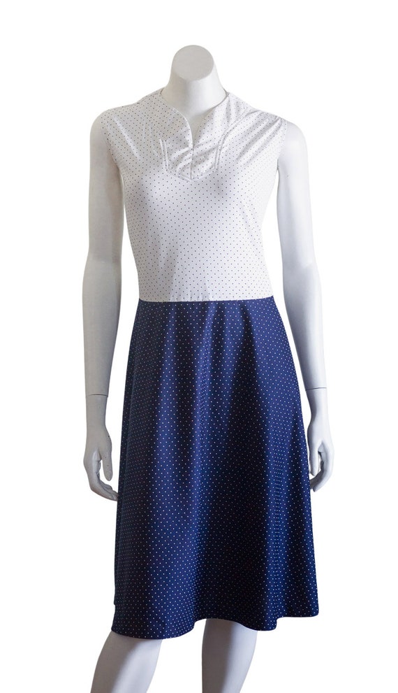 Vintage 70s/80s Blue and White Polka Dot Dress Se… - image 7