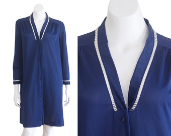 Vintage 1970s Dark Blue Nylon Robe | White Trim