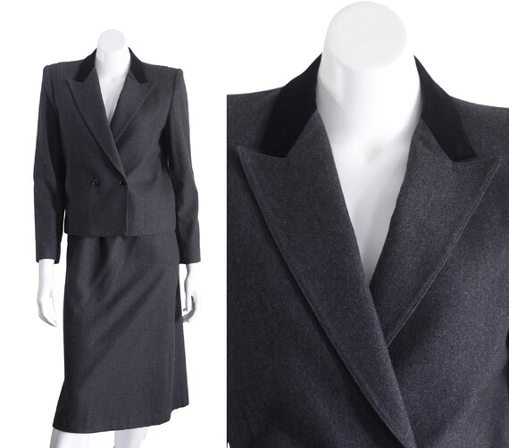 Vintage 1980s Gray Skirt Suit with Velvet Lapel b… - image 1