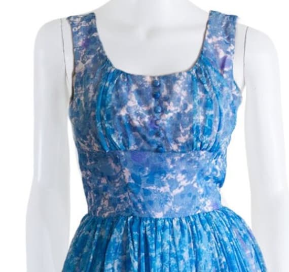 1960s blue floral chiffon fit and flare dress wit… - image 3