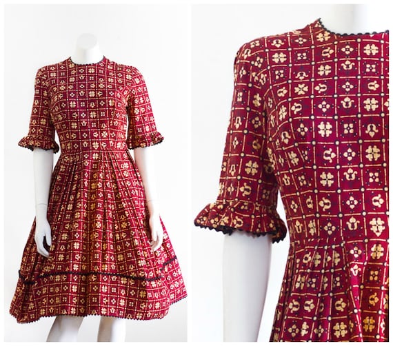 1950s burgundy and ochre fit and flare dress