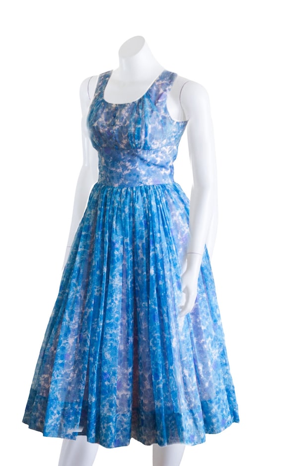 1960s blue floral chiffon fit and flare dress wit… - image 5