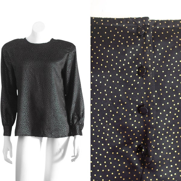 1990s/80s Black Silky Blouse with Gold Polka Dots, Large Shoulder Pads, and Fabric Covered Buttons