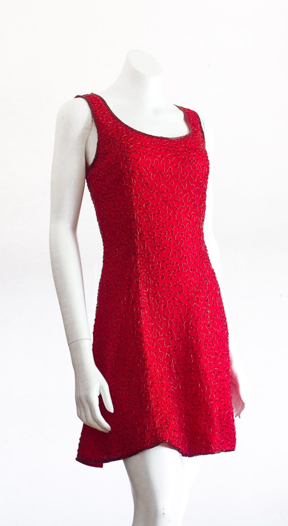 Vintage Red Silk Beaded Dress - image 2