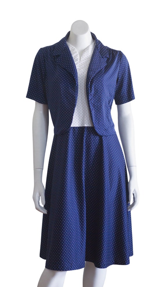 Vintage 70s/80s Blue and White Polka Dot Dress Se… - image 8