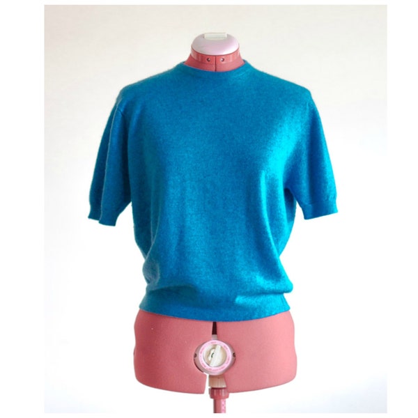 Short sleeve blue cashmere sweater