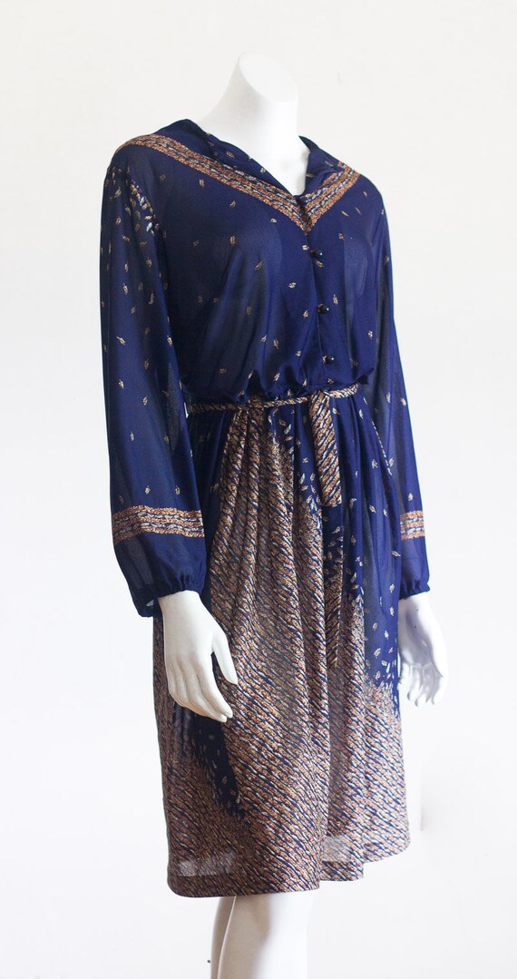 Vintage 1970s Dark Blue Belted Dress - image 4