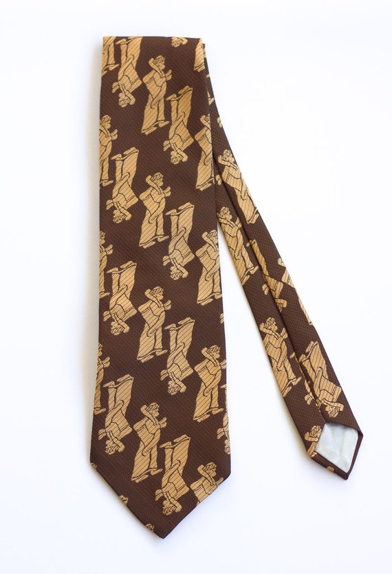 Vintage 1970s Brown Necktie with Monk Motif - image 6