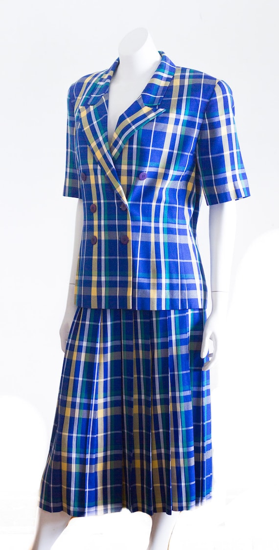 1980s blue and yellow plaid skirt suit by Pendlet… - image 2