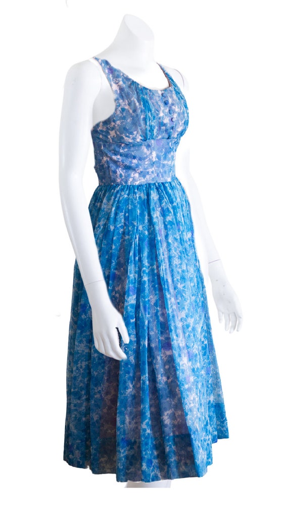 1960s blue floral chiffon fit and flare dress wit… - image 4