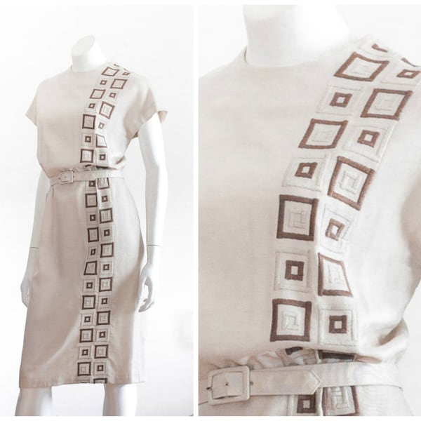 Vintage 1950 Linen Dress with Belt and Embroidered Detailing