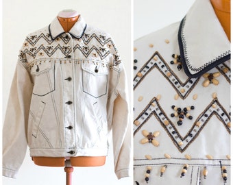 Vintage White Jean Jacket with Beaded Accents
