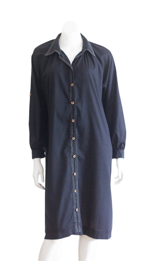 1970s black shirt dress with white stitching - image 2