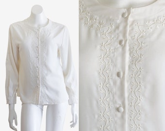 Vintage 1980s Off-White Embroidered Blouse with Floral and Vine Trim
