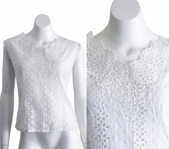 Vintage 1950s White Eyelet Lace Blouse | Sleevele… - image 1