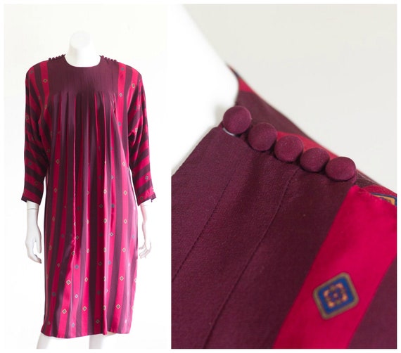 1980s Striped Silk Dress with Pleated Front - image 1