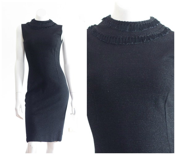 50s/60s black sleeveless cocktail dress with fring