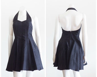 Vintage 1990s Black Halter Top Party Dress | Fit and Flare
