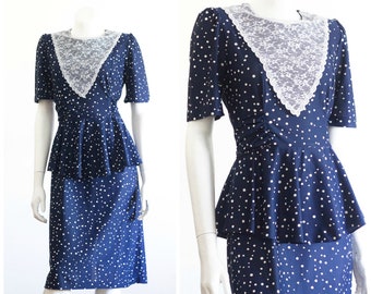 1980s blue and white polka dot peplum dress with lace bib
