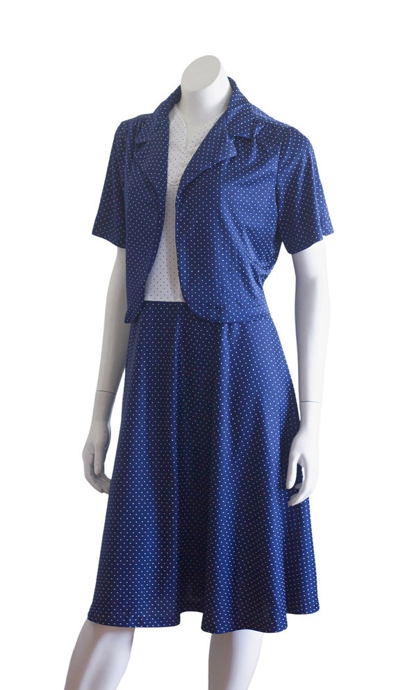 Vintage 70s/80s Blue and White Polka Dot Dress Se… - image 6