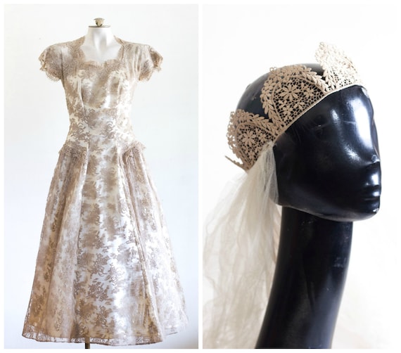 1950s wedding dress with taupe lace overlay and ma