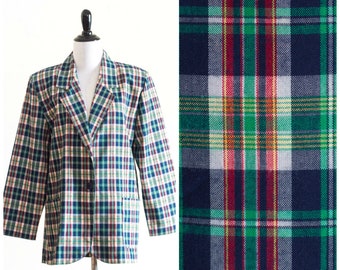 Vintage Blue and Green Plaid Blazer with Shoulder Pads