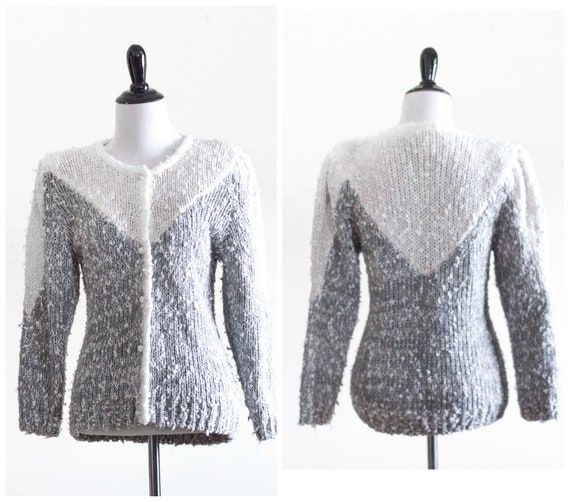 Vintage 1980s Gray and White Knit Cardigan | Nubb… - image 1