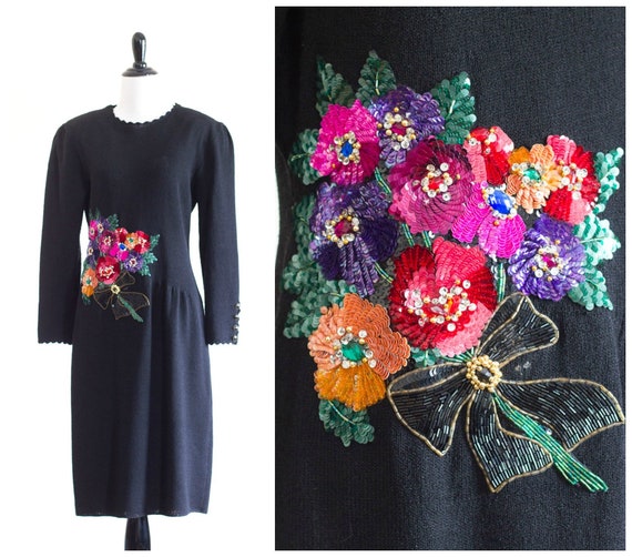 1980s black knit dress with sequins