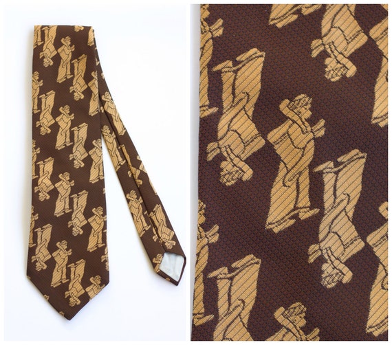 Vintage 1970s Brown Necktie with Monk Motif - image 1