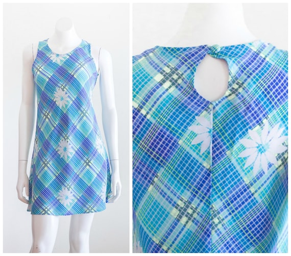 Vintage 1990s Blue Plaid Dress | Floral Print - image 1