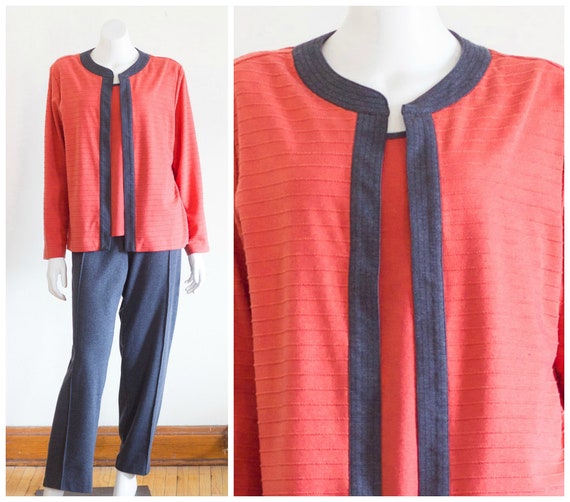 Coral and gray knit two piece pants set