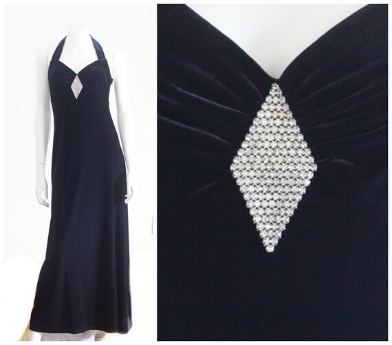 1990s black velvet halter top gown with rhinestone