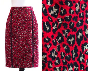 Vintage 1990s Red Sheath Skirt with Black and Gold Animal Print Design