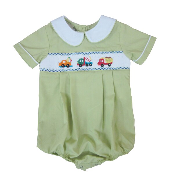 Smocked Truck Bubble Suit with Collar - Green with Multicolor Trucks and White Collar