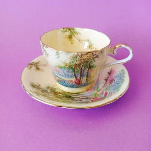 May include: A vintage teacup and saucer set with a floral pattern. The cup and saucer are both cream-colored with a gold trim. The floral pattern features a variety of flowers and leaves in shades of pink, blue, and green.