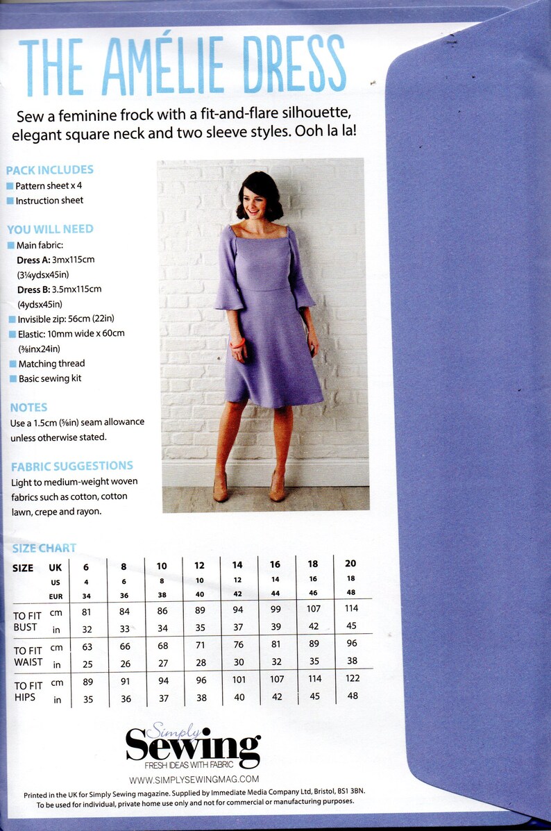 The Amelie Square Neck Dress Sewing Pattern Simply Sewing UK Etsy