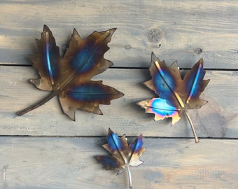 Maple Wall Leaf,Heat Torched Blue Stainless Steel,Silver Color,Metal Leaves   Home Decor,Wall Accents