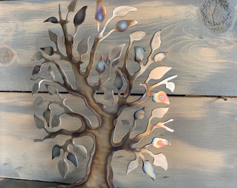 Heat-Treated Metal Tree Sculpture – Silver Steel Shelf Art