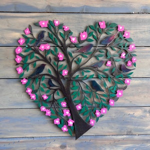Metal Heart Shaped Tree with pink flowers and green leaves and beautiful singing birds