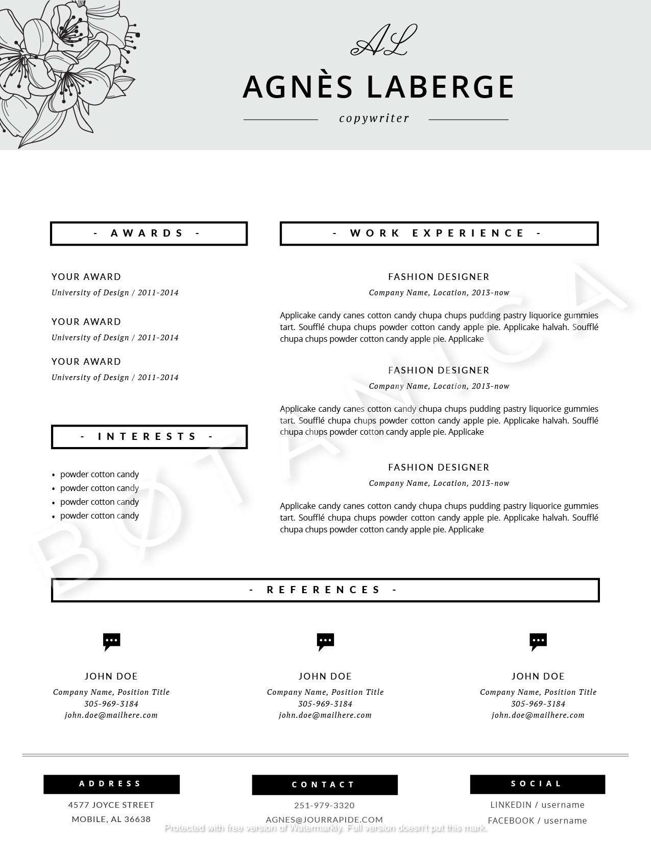 Floral Resume Design Fashion CV . Feminine Resume Stylish - Etsy