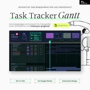 Op de afbeelding: Een donkergroene en blauwe interactieve taakbeheerspreadsheet voor Google Sheets. De spreadsheet heet "Task Tracker Gantt" en heeft een Gantt-diagram, een takenlijst en een voortgangsbalk. De spreadsheet is ontworpen om gebruikers te helpen projecten op te splitsen in beheersbare taken, deadlines te stellen en hun voortgang bij te houden.