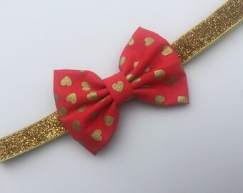Valentine's day headband. Baby girl Valentine's day headband. Bow headband. Hearts bow. Gold hearts red bow headband.