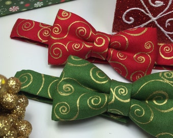 Christmas bow tie.  Gold Metallic scrolls on red fabric. Gold metallic scrolls on green fabric. Metallic Swirls bow tie.