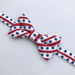 May include: A white bow tie with red and blue stripes and white stars.