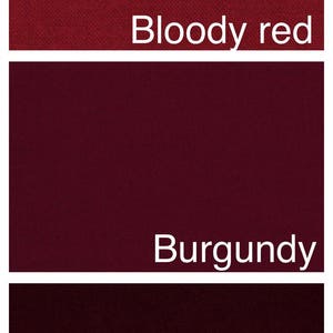 May include: Three fabric swatches in different shades of red. The top swatch is a bright red labeled "Bloody red". The middle swatch is a darker red labeled "Burgundy". The bottom swatch is a deep red labeled "Wine".