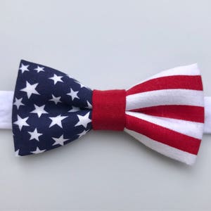 May include: A red, white, and blue bow tie with a star pattern on one side and stripes on the other.