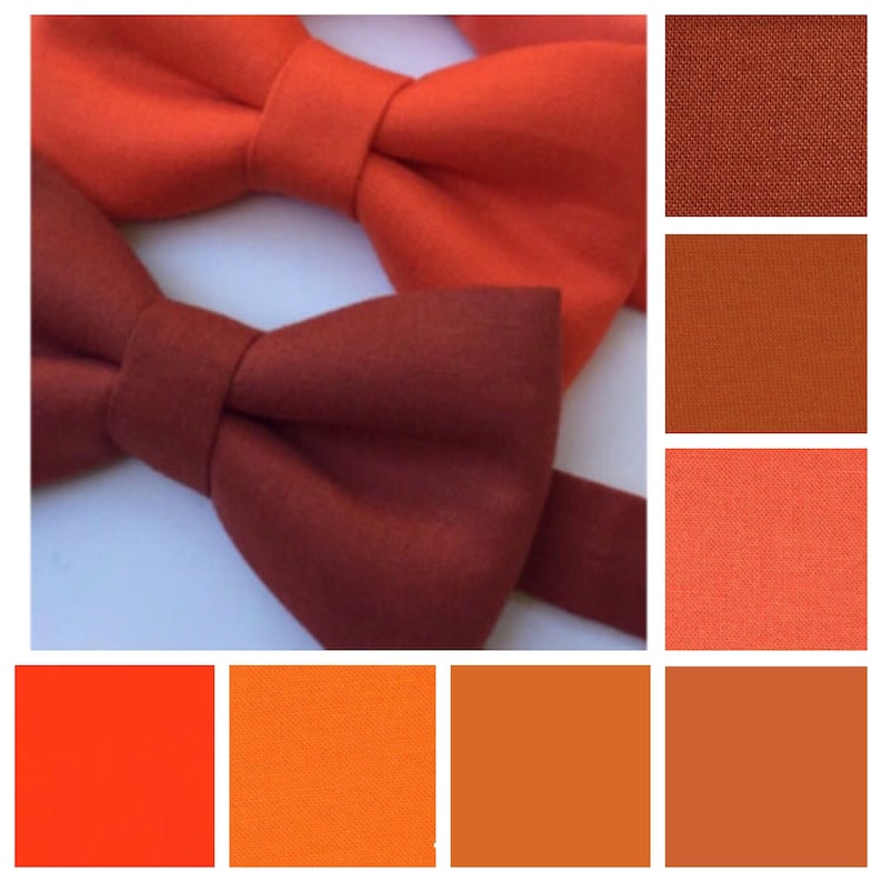 May include: Close-up of two bow ties in shades of orange and red-brown. The image also includes a color palette of orange and red-brown fabric swatches. The bow ties are made of a textured fabric.