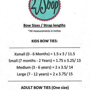 May include: A graphic with the text "2JShop" in a teal and red circular design. The text details bow tie sizes and strap lengths in inches. Sizes are listed for kids and adults, with measurements for each.